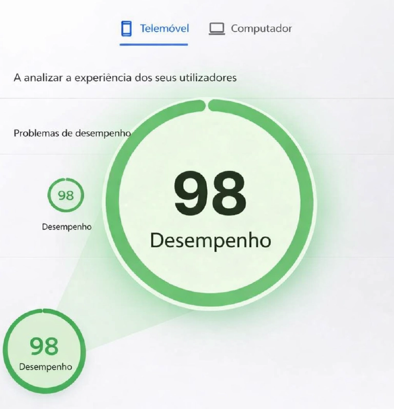 Relatório técnico de auditoria de performance: pontuação real de 98/100 no Google PageSpeed Insights para dispositivos móveis.